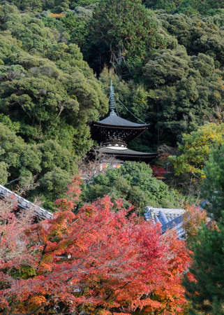 Japanese pagoda at Eikando or Zenrin-ji Temple in autumn season, Kyoto, Japan