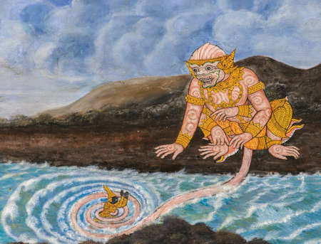 Ancient Thai mural painting of Ramakien epic inside of Wat Phra Kaew in Bangkok, Thailand.Ramakien is national epic of Thailand derived from Hindu Ramayana epic.のeditorial素材