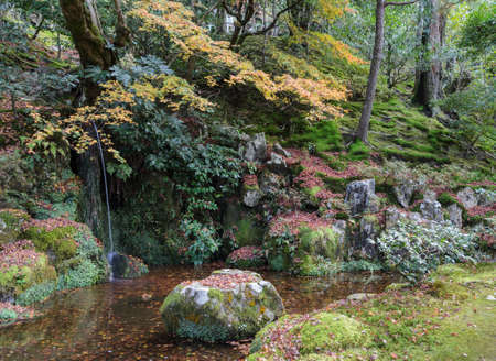 Small waterfall garden with fallen maple leaves on grounds at Ginkakuji temple in kyoto, Japan