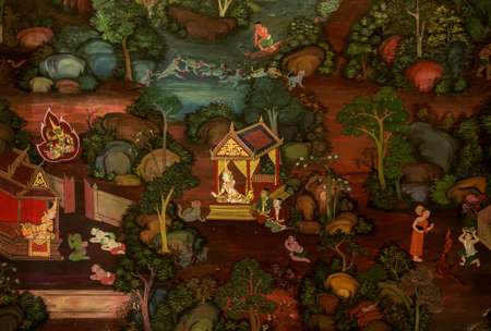 Ancient Buddhist temple mural painting of the life of Buddha in Bangkok, Thailandの写真素材