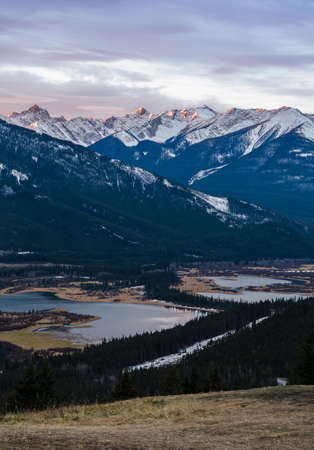 Stunning sunrise view of Mount Rundle and Vermilion Lakes in Banff National Park in Alberta, Canada....