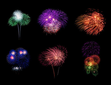 Collection of festive fireworks on black backgroundの写真素材