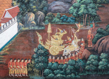 Ancient Thai mural painting of Ramakien epic inside of Wat Phra Kaew in Bangkok, Thailand.Ramakien is national epic of Thailand derived from Hindu Ramayana epic.のeditorial素材