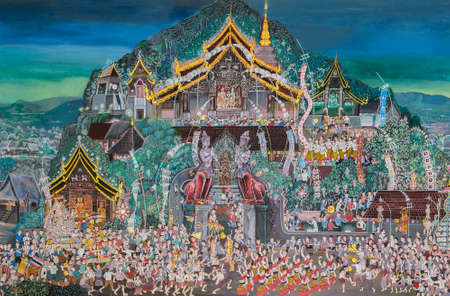 CHIANG MAI,THAILAND - OCTOBER 27, 2014 : Thai Lanna mural painting of Buddist festival on temple wall of Wat Chaimongkol Temple in Chiang Mai, Thailand.のeditorial素材