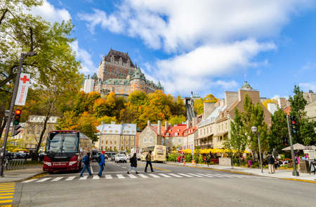 Quebec, Canada - October 16, 2018: Unidentified tourists walking at Quebec Lower Old Town in autumn season, Quebec, Canada.のeditorial素材