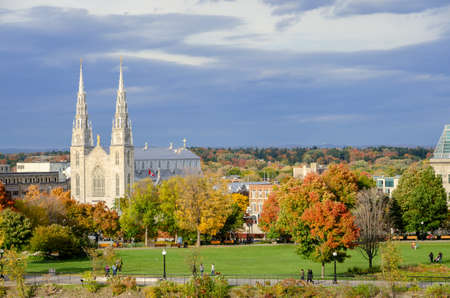 Stunning aerial view of Notre Dame Cathedral Basilica in autumn, Ottawa, Canadaのeditorial素材