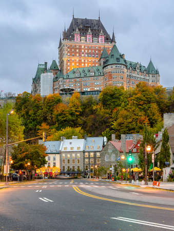 Quebec, Canada - October 16, 2018: Cityscape  or skyline of Quebec Lower Old Town and Fairmont Le ChÃ¢teau Frontenac Hotel  during autumn season in Quebec, Canada.のeditorial素材