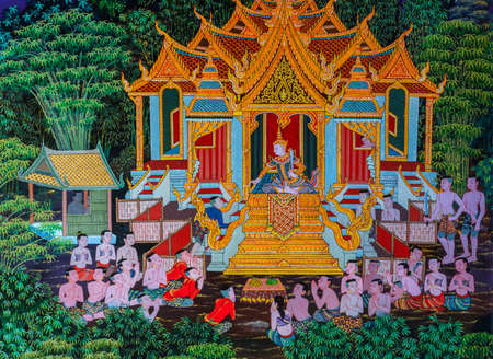 LAMPHUN, THAILAND - NOVEMBER 16, 2015 : Native Thai Buddhist mural painting of the life of buddha on temple wall at Wat Phra That Ha Duang in Lamphun, Thailandのeditorial素材