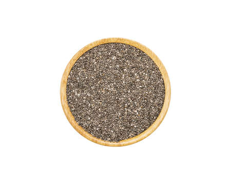 Chia seeds in wooden brown bowl isolated on white background, top view. Healthy organic super food conceptの写真素材