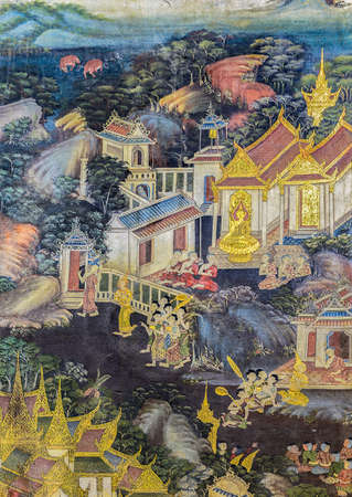 BANGKOK ,THAILAND - NOVEMBER 5, 2014 : Ancient Buddhist temple mural painting of the life of Buddha inside of Wat Pho in Bangkok, Thailandのeditorial素材