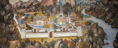 Bangkok, Thailand - December 4, 2020: Ancient Thai mural painting of Ramakien epic inside of Wat Phra Kaew in Bangkok, Thailand. Ramakien is national epic of Thailand derived from Hindu Ramayana epic.のeditorial素材