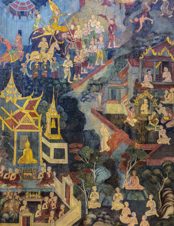 BANGKOK ,THAILAND - NOVEMBER 5, 2014 : Ancient Buddhist temple mural painting of the life of Buddha inside of Wat Pho in Bangkok, Thailandのeditorial素材