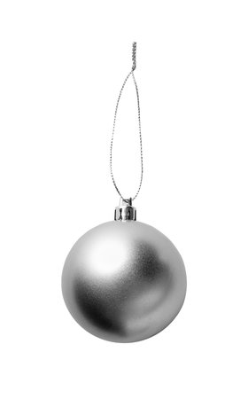 Silver christmas ball ornament hanging on silver glittering string isolated on white backgroundの写真素材