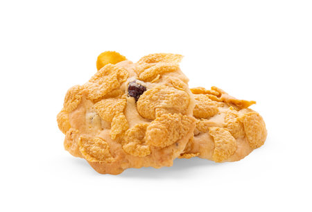 Cornflakes butter cookies with  raisins and almonds isolated on white background