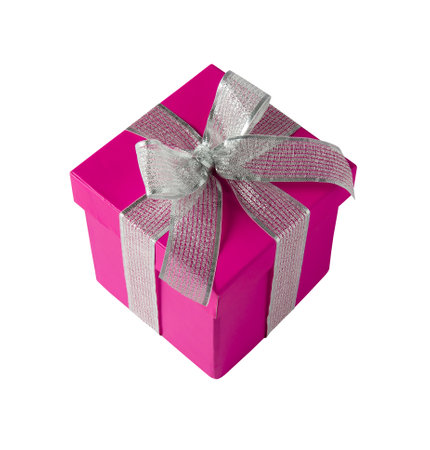 Pink gift box with silver ribbon isolated on white backgroundの写真素材