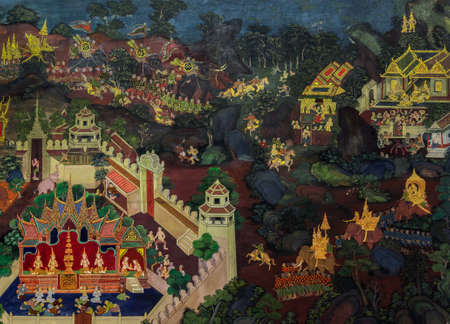 BANGKOK ,THAILAND - NOVEMBER 5, 2014 : Ancient Buddhist temple mural painting of the life of Buddha inside of Wat Kalayanamitr Varamahavihara in Bangkok, Thailandのeditorial素材