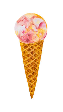 Blueberry yogurt ice cream scoop in a waffle cone. Watercolor hand drawn illustration isolated on white backgroundの写真素材