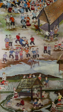 CHIANG MAI,THAILAND - OCTOBER 27, 2014 : Thai mural painting of Lanna people life in the past on temple wall of Wat Chaimongkol Temple in Chiang Mai, Thailand.のeditorial素材