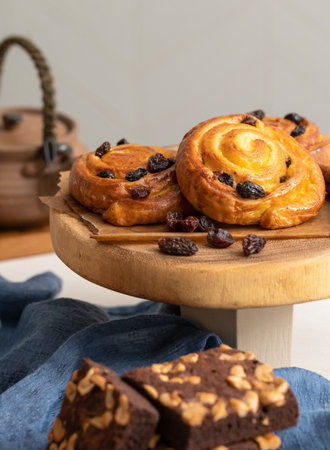 Baked sweet cinnamon buns with raisins on wooden board and chocolate brownies with cashew nut. Fresh bakery bread for breakfastの写真素材