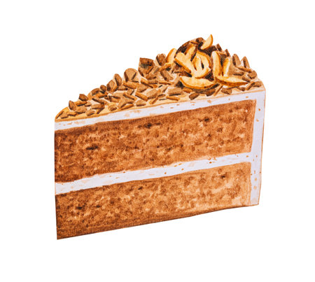 Chocolate cake with almonds slice. Watercolor hand drawn illustration isolated on white background.の写真素材