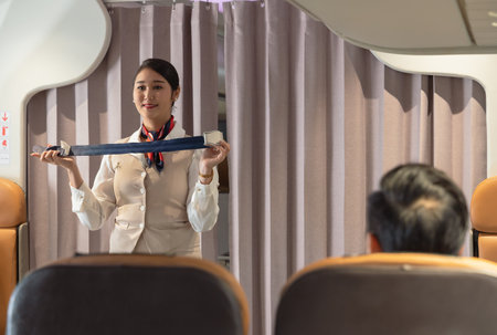 Smiling cheerful flight attendant demonstrating how fastening seat belt to passengers on airplane cabinの写真素材