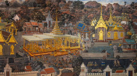 Bangkok, Thailand - December 4, 2020: Ancient Thai mural painting of Ramakien epic inside of Wat Phra Kaew in Bangkok, Thailand. Ramakien is national epic of Thailand derived from Hindu Ramayana epic.のeditorial素材