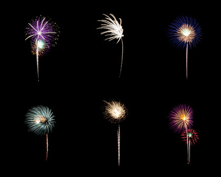 Colorful assorted six fireworks isolated on a black background. New Year celebration conceptの写真素材