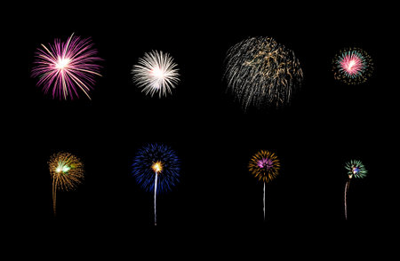 Collection of colorful festive eight fireworks exploding over night sky, isolated on black...