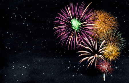 Bright sparkle lights in starry night sky. Firework banner for celebration and holiday backgroundの写真素材