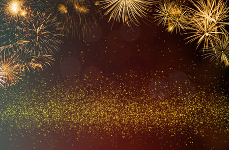 Abstract gold glitter and bokeh background on red background with fireworks. Celebration and...