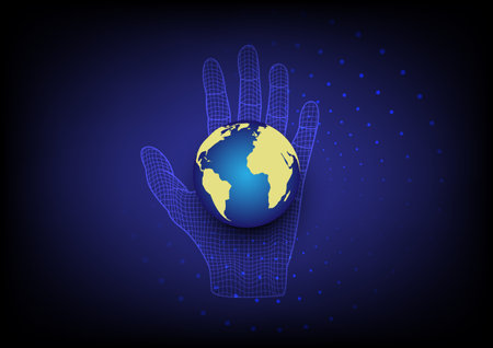 3d wireframe hand with globe. Vector hand holding 3d world globalization network backgroundのイラスト素材