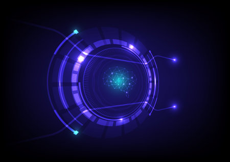 Abstract technology background. Futuristic HUD circle elements user interface with glowing polygonal brain vector illustration.のイラスト素材