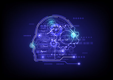 Cogl and gear in human head vector background. Outline head with cogwheel icon vector.のイラスト素材