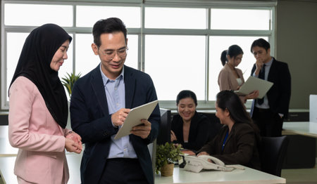 Happy businessman in dark blue suit using digital tablet working with Muslim woman wearing hijab ...