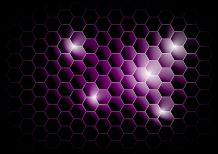 Purple bee honey shapes. Honeycomb beehive with hexagon grid cells on black backgroundのイラスト素材