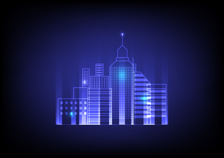 Abstract digital building cityscape illustration with glowing lights vector backgroundのイラスト素材