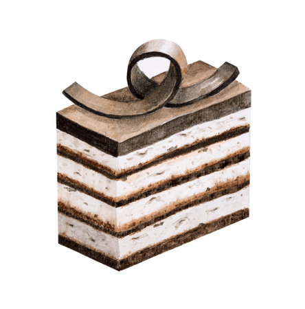 Dark chocolate layer cake with curl. Watercolor hand drawn illustration isolated on white backgroundの写真素材