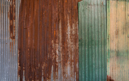 Rusted corrugated galvanised steel wall texture backgroundの写真素材