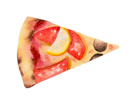 Slice of pizza with mozzarella, tuna slice, lemon and olives. Watercolor hand drawn illustration isolated on white background.の写真素材