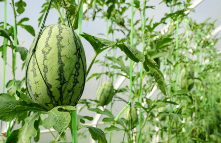 Watermelon plantation in greenhouse with unripe tropical fruitの写真素材