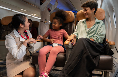 Air hostess or cabin crew working in airplane. Female flight attendant providing service to passengers in airplane cabin. Airline transportation and tourism concept.の写真素材