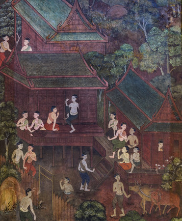 BANGKOK ,THAILAND - NOVEMBER 5, 2014 : Ancient Buddhist temple mural painting of the life of Buddha inside of Wat Pho in Bangkok, Thailandのeditorial素材