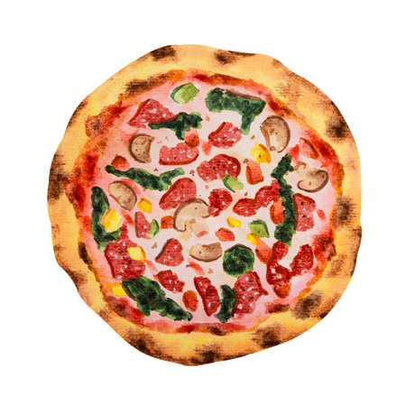 Bacon pizza with with melted mozzarella cheese, mushroom, sweet pepper and spinach garnished. Watercolor hand drawn illustration isolated on white background.の写真素材