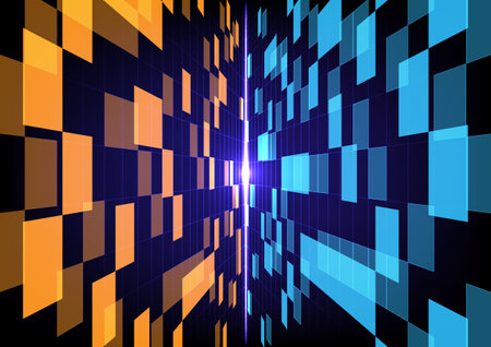 Abstract vector technology blue and yellow perspective grid backgroundのイラスト素材