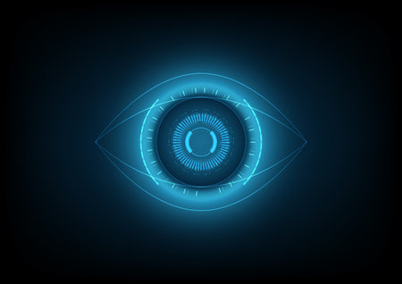 Cyber blue eye vector background. Innovative technology of future. Virtual reality scientific backgroundのイラスト素材