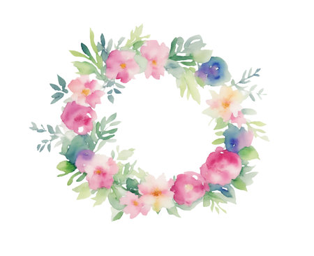 Watercolor flower and leaf wreath isolated on white background. Generative aiの素材