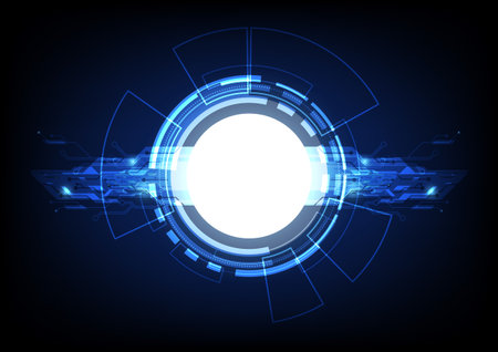 Abstract technology vector illustration background. Futuristic digital cyberspace innovation with circle HUD and circuit elements on dark blue backgroundのイラスト素材