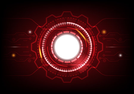 Futuristic technology with cogs and wheels system on red background. Digital technology and engineering vector backgroundのイラスト素材