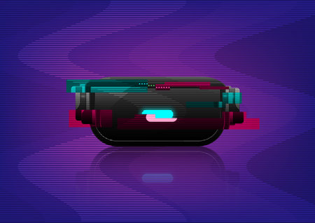 Futuristic virtual reality glasses in abstract glitch effect technology background. Vector...