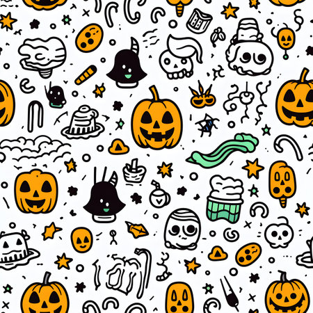 Doodle halloween seamless pattern with pumpkins and bats, ghost, pumpkin and other elements on white background. Generative aiの素材
